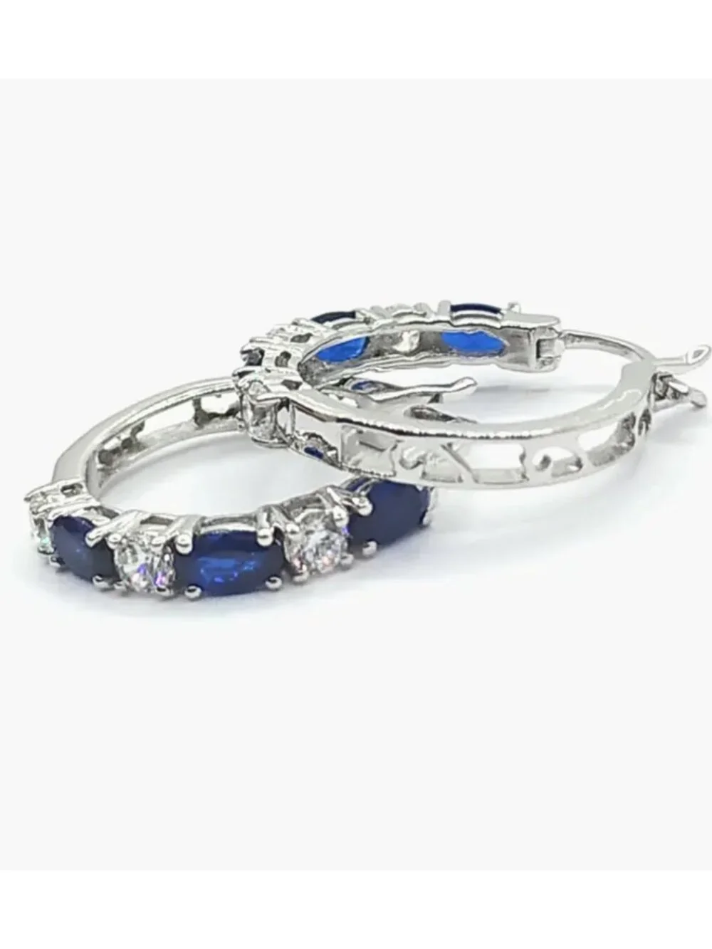 Blue & White Synthetic Sapphire Hoop Earrings Nickel Free Plating December Birth